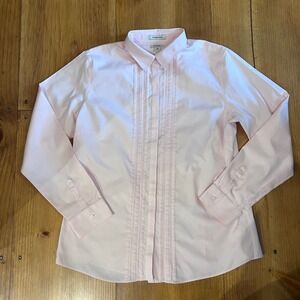 L.L.Bean Women's Pink Wrinkle-Free Pinpoint Oxford Tuxedo Pleated Shirt - M A10